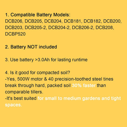 Cordless Tiller Cultivator Compatible with DEWALT 20V MAX Battery (Tool Only), 310RPM Electric Garden Rototiller with 40 Steel Tines, 9.1In Tilling Width & 6.3In Depth Tiller, Folding Design