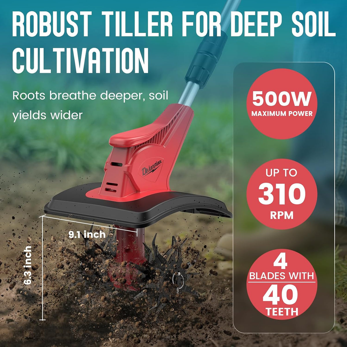 Cordless Tiller Cultivator Compatible with DEWALT 20V MAX Battery (Tool Only), 310RPM Electric Garden Rototiller with 40 Steel Tines, 9.1In Tilling Width & 6.3In Depth Tiller, Folding Design