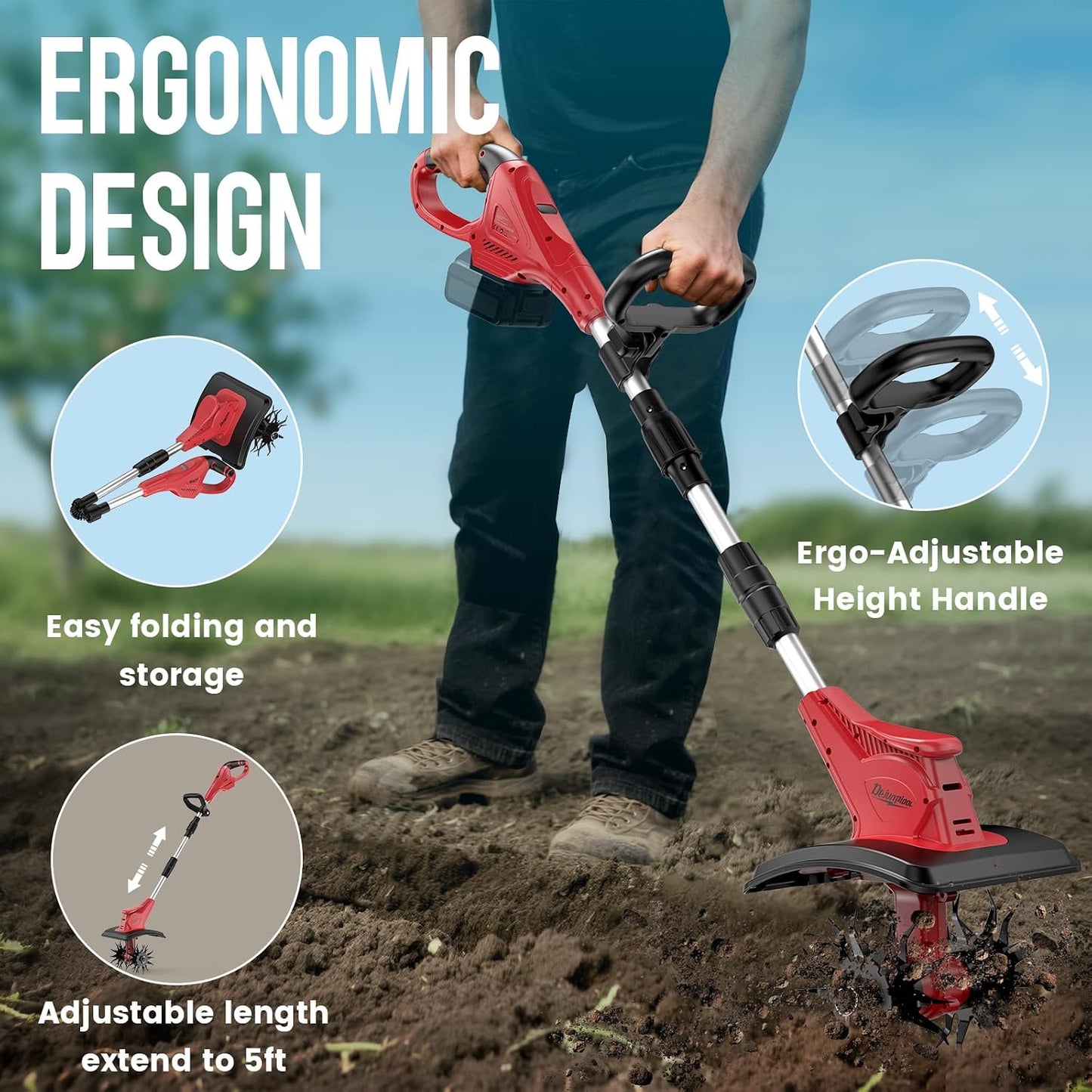 Cordless Tiller Cultivator Compatible with DEWALT 20V MAX Battery (Tool Only), 310RPM Electric Garden Rototiller with 40 Steel Tines, 9.1In Tilling Width & 6.3In Depth Tiller, Folding Design