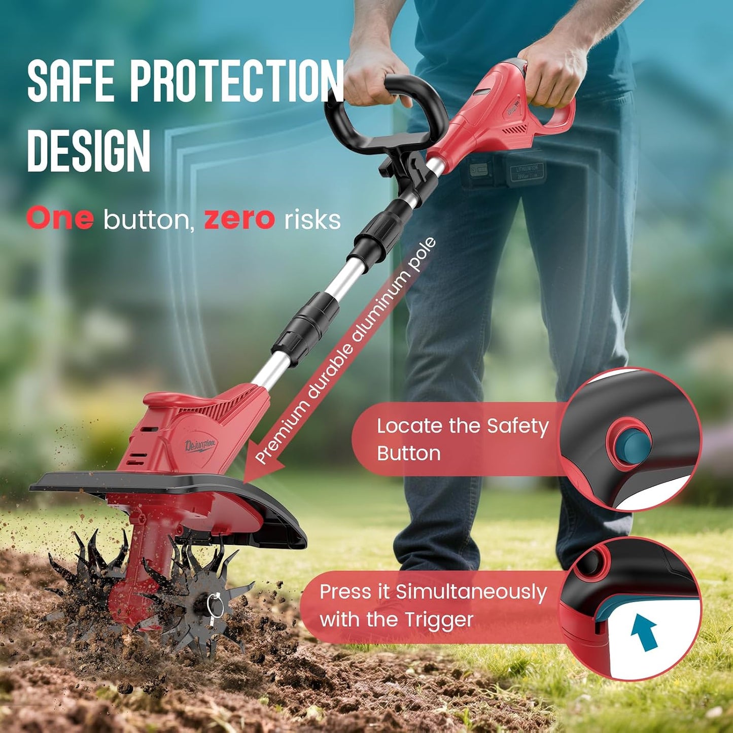 Cordless Tiller Cultivator Compatible with DEWALT 20V MAX Battery (Tool Only), 310RPM Electric Garden Rototiller with 40 Steel Tines, 9.1In Tilling Width & 6.3In Depth Tiller, Folding Design