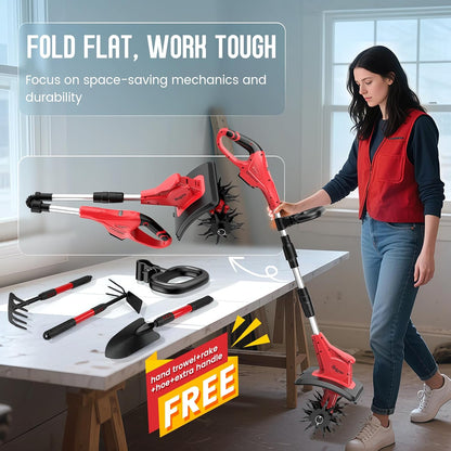Cordless Tiller Cultivator Compatible with DEWALT 20V MAX Battery (Tool Only), 310RPM Electric Garden Rototiller with 40 Steel Tines, 9.1In Tilling Width & 6.3In Depth Tiller, Folding Design
