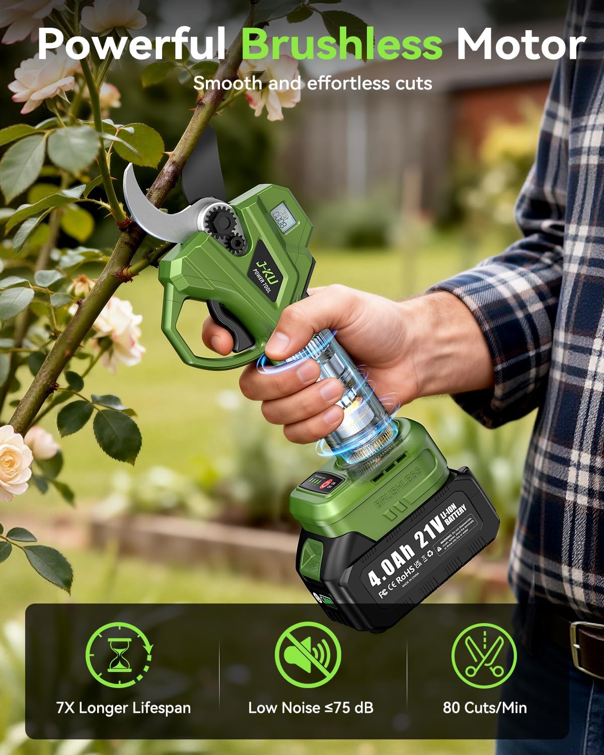 Electric Pruning Shears Cordless: 2-in-1 Electric Tree Pruner with Extension Pole, 21V 2×4.0Ah Battery Powered, 1.4" Cutting Diameter, Brushless Power Branch Cutter for Tree Trimming Gardening