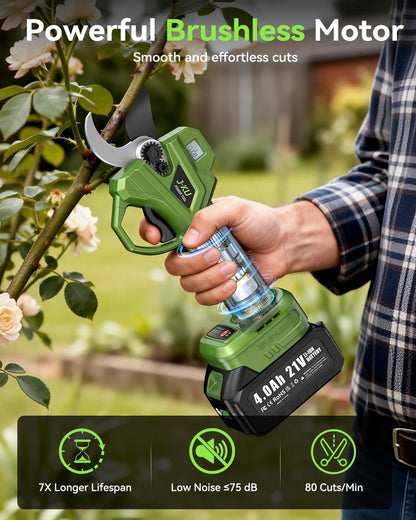 Electric Pruning Shears Cordless: 2-in-1 Electric Tree Pruner with Extension Pole, 21V 2×4.0Ah Battery Powered, 1.4" Cutting Diameter, Brushless Power Branch Cutter for Tree Trimming Gardening