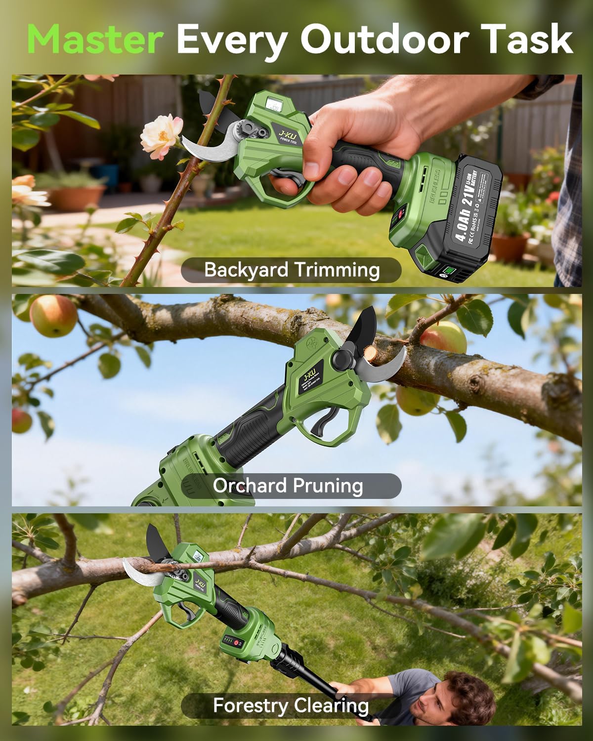 Electric Pruning Shears Cordless: 2-in-1 Electric Tree Pruner with Extension Pole, 21V 2×4.0Ah Battery Powered, 1.4" Cutting Diameter, Brushless Power Branch Cutter for Tree Trimming Gardening