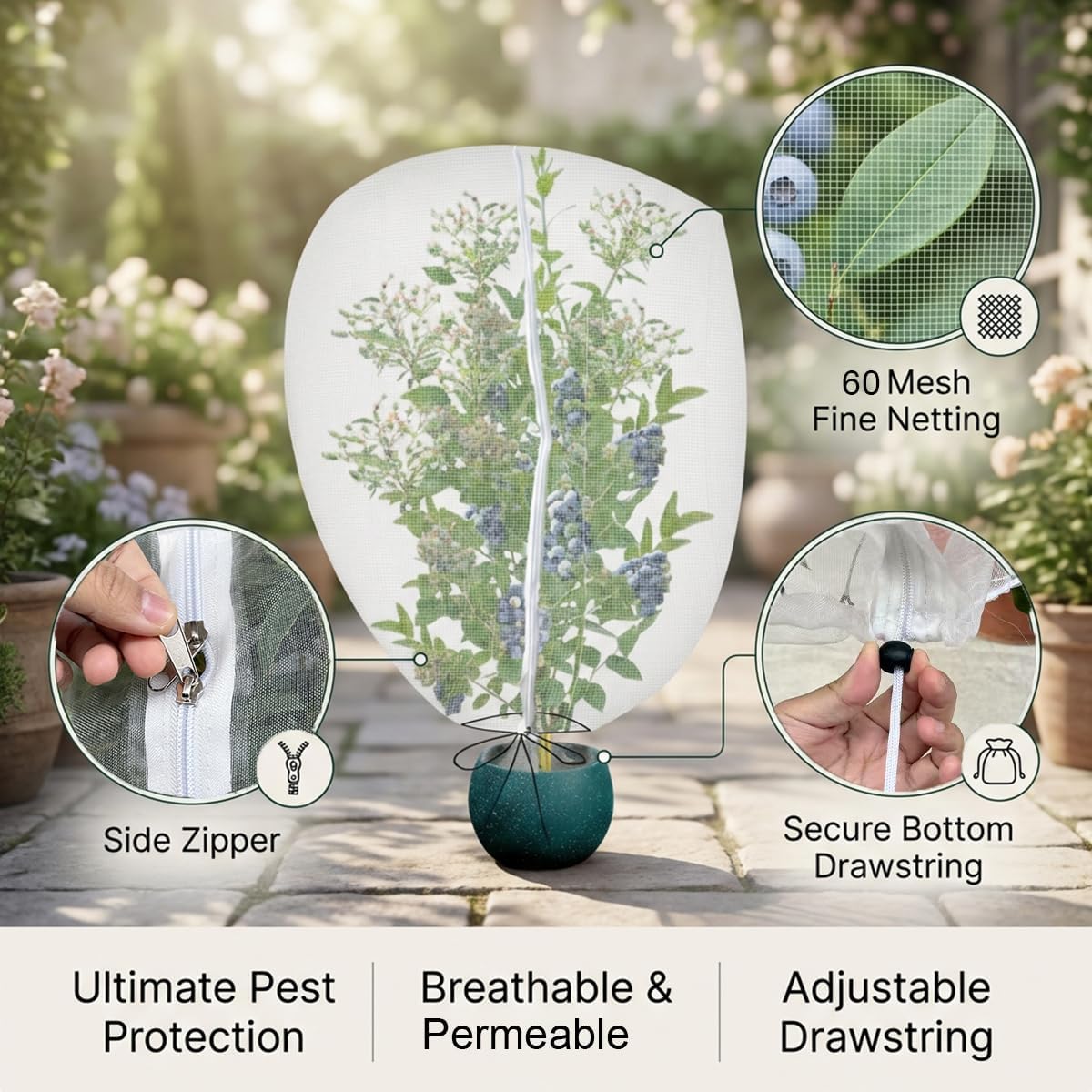 3PCS 2.6 × 3.2 FT Bird Insect Barrier Fruit Tree Netting, Double Zipper & Drawstring, Garden Bird Netting for Blueberries, Tomatoes, Peppers, Shrubs – Reusable Mesh Barrier