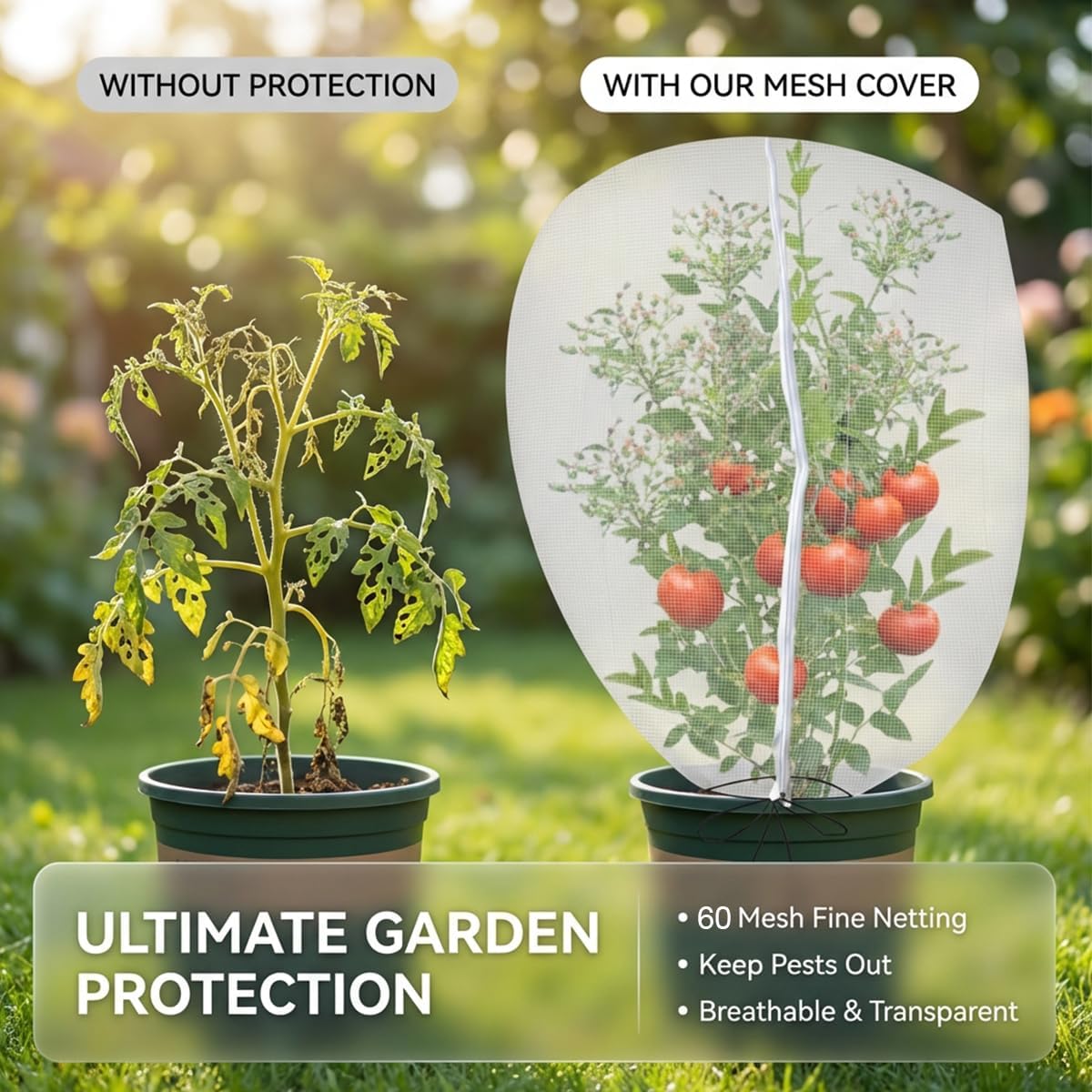 3PCS 2.6 × 3.2 FT Bird Insect Barrier Fruit Tree Netting, Double Zipper & Drawstring, Garden Bird Netting for Blueberries, Tomatoes, Peppers, Shrubs – Reusable Mesh Barrier