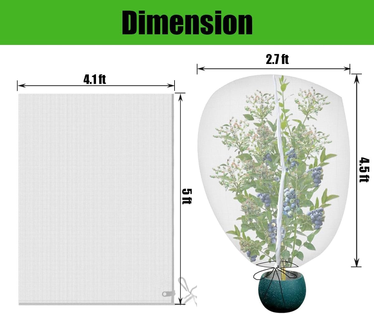 3PCS 2.6 × 3.2 FT Bird Insect Barrier Fruit Tree Netting, Double Zipper & Drawstring, Garden Bird Netting for Blueberries, Tomatoes, Peppers, Shrubs – Reusable Mesh Barrier