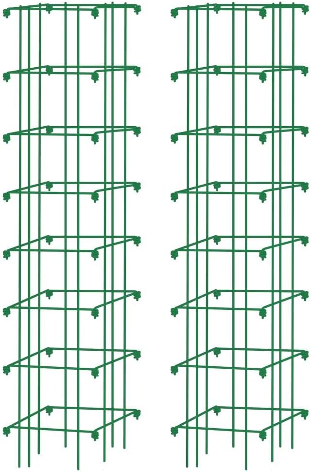 Extra Tall Heavy-Guage Square Tomato Cages | Easy Fold Plant Supports & Vegetable Garden Stakes | 14.25" x 14.25" x 65" - Green (Set of 2)