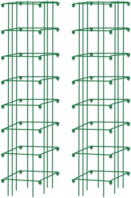 Extra Tall Heavy-Guage Square Tomato Cages | Easy Fold Plant Supports & Vegetable Garden Stakes | 14.25" x 14.25" x 65" - Green (Set of 2)